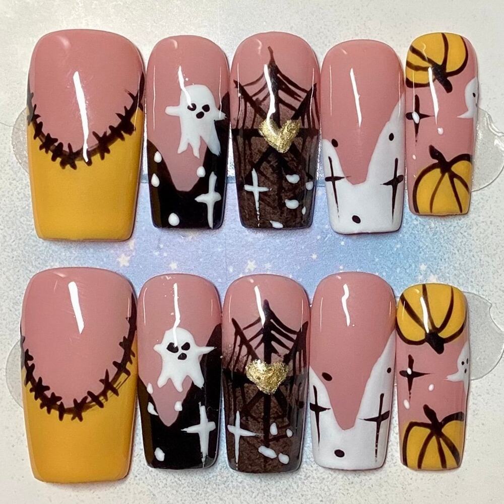 Halloween Ghost Spiderweb Pumpkin French Tip Square Press-On Nail Medium & Large